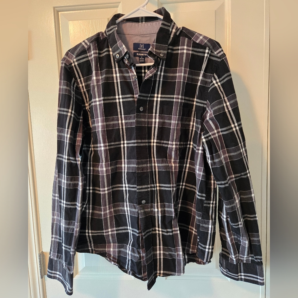 George Men's Black and White Plaid Button Down Shirt
